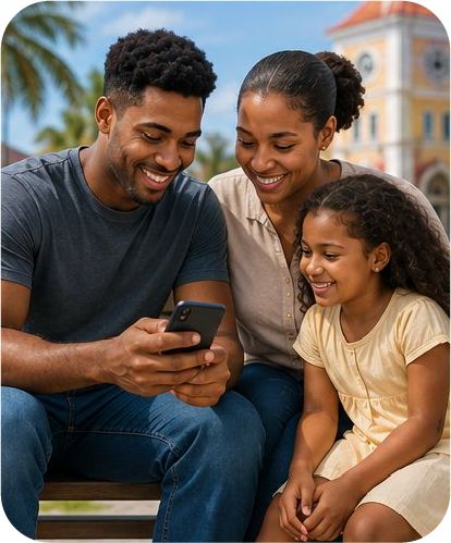 A family in Sint Maarten looking at government services together on a mobile phone